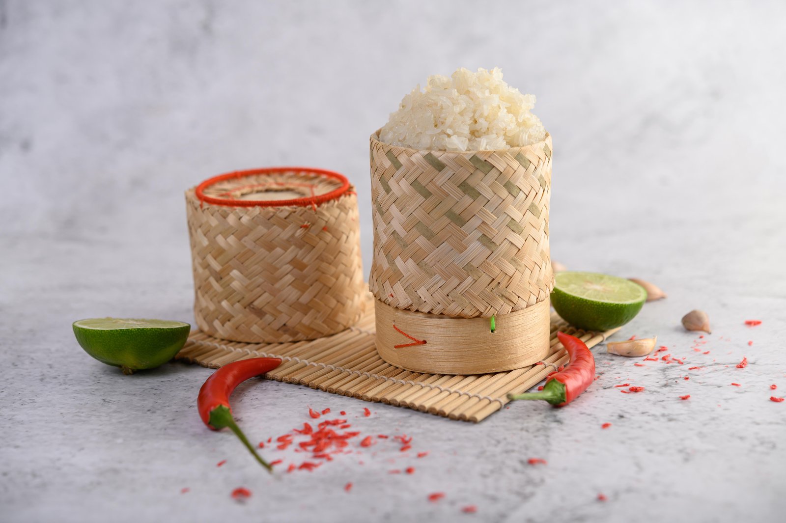 thai-sticky-rice-woven-bamboo-basket-wooden-panel-with-chilies-lime-garlic